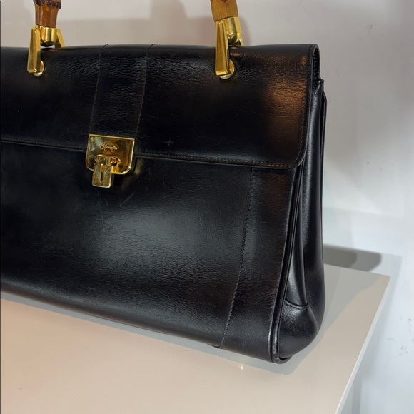 GINZA Kanematsu Handbag black leather bamboo style handle vintage - Picture 4 of 15